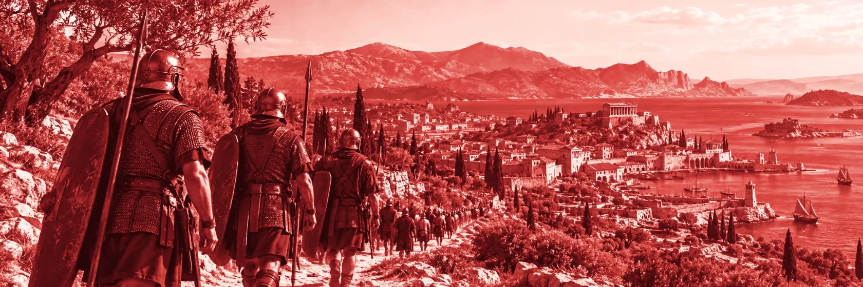 Legionarios avanzando por un sendero hacia una ciudad costera